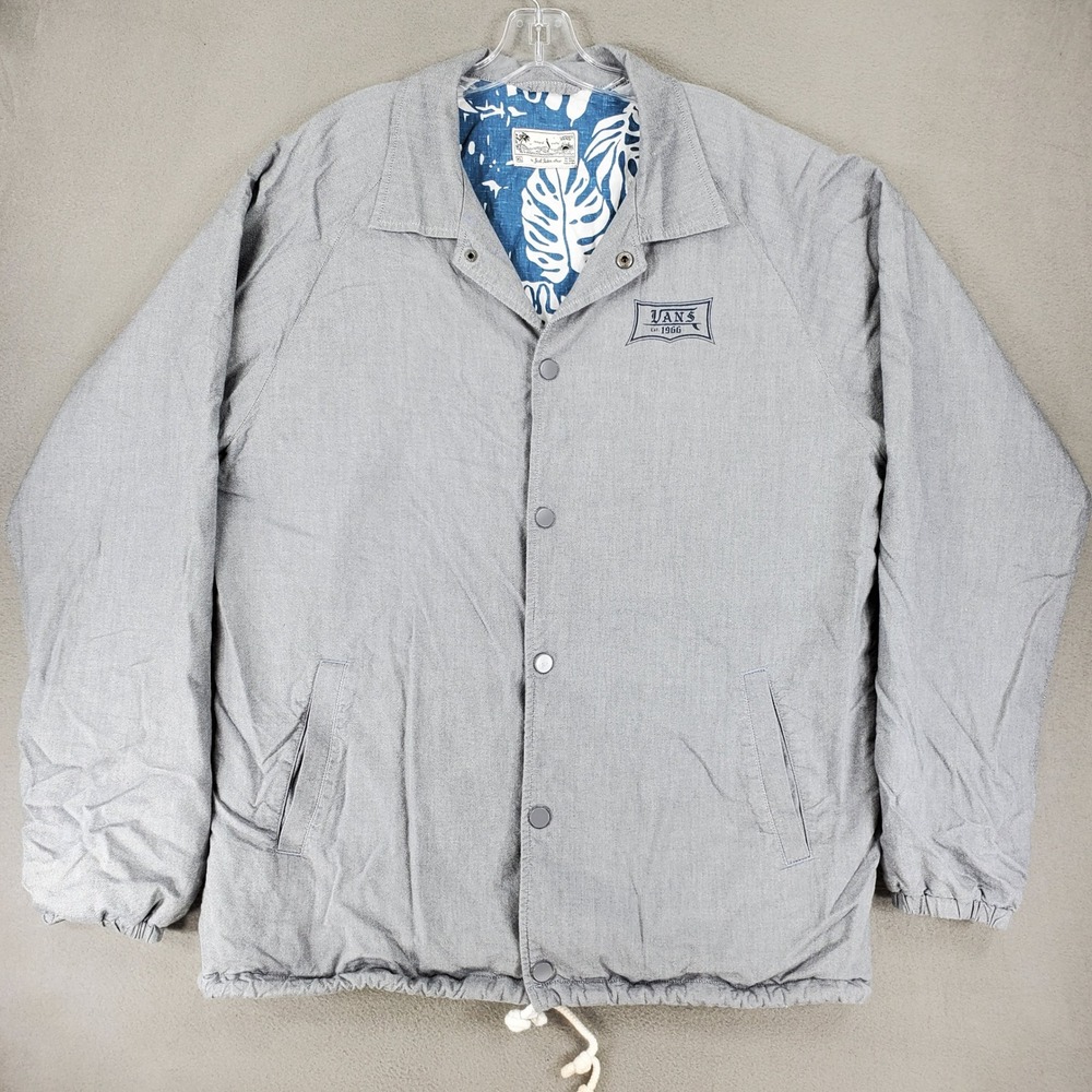 Vans Joel Tudor Coach Jacket Men XL Gray Tropical Lining Snap Front Skater Surf